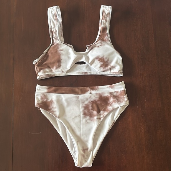 Brand New Tie Dye High Waisted Bikini Set White Brown 2-Piece Swimwear Bra Cups - Picture 5 of 16
